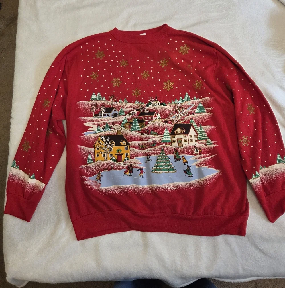 Holiday Time Red Crewneck Sweater with Holiday Village Motif